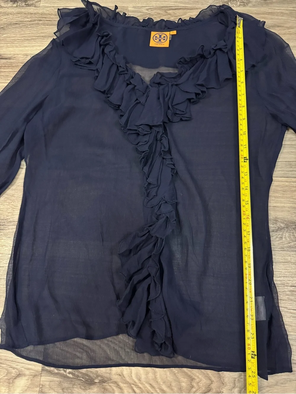 Tory Burch 100% Silk Sheer Ruffle-Trim Button Front Blouse in Navy Blue Size 8